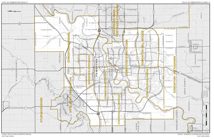 Map 3: Map of proposed boundaries and names for the electoral districts of the City of Edmonton (Edmonton Callingwood, Edmonton Griesbach, Edmonton Manning, Edmonton McDougall, Edmonton Mill Woods, Edmonton Riverbend, Edmonton Strathcona, St. Albert—Edmonton).