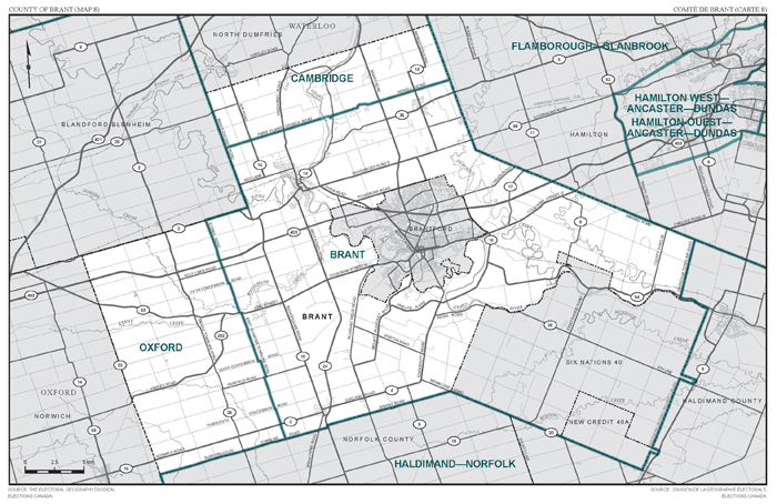 Carte 8 : Carte des limites et noms proposés pour les circonscriptions électorales de l'Ontario, Brant