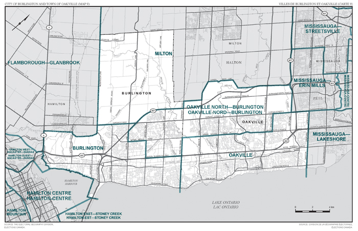 Carte 9 : Carte des limites et noms proposés pour les circonscriptions électorales de l'Ontario, Burlington