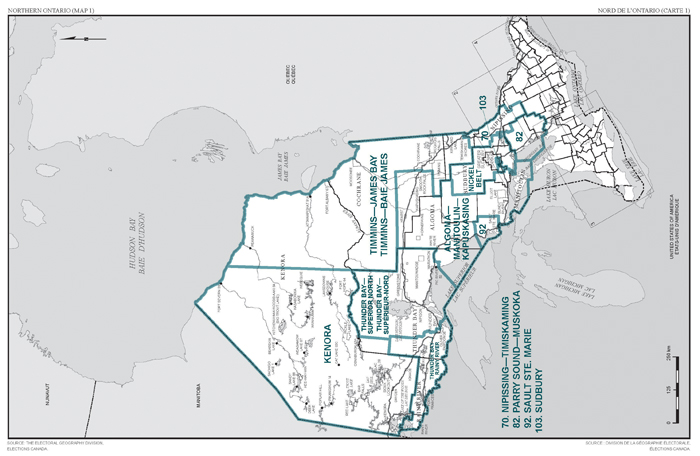 Carte 1 : Carte des limites et noms proposés pour les circonscriptions électorales Nord de l'Ontario