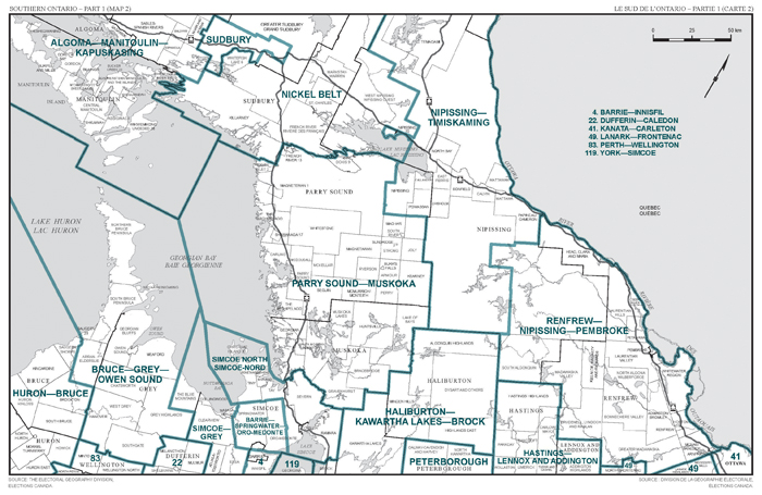 Carte 2 : Carte des limites et noms proposés pour les circonscriptions électorales de le Sud de l'Ontario, Partie 1