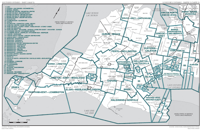 Carte 3 : Carte des limites et noms proposés pour les circonscriptions électorales de le Sud de l'Ontario, Partie 2