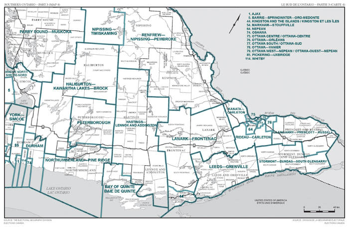 Carte 4 : Carte des limites et noms proposés pour les circonscriptions électorales de le Sud de l'Ontario, Partie 3