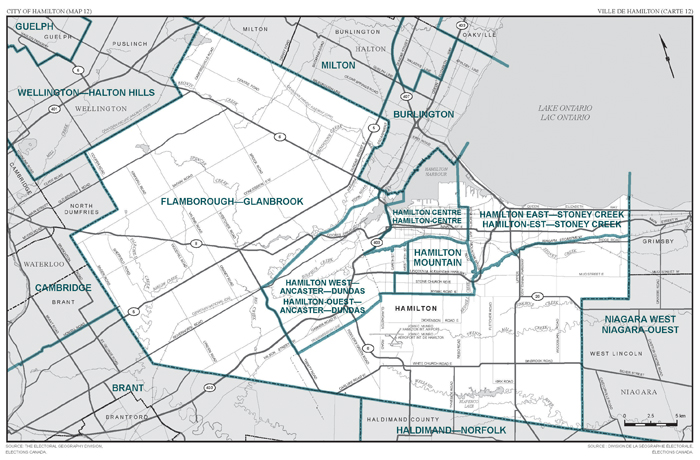Carte 12 : Carte des limites et noms proposés pour les circonscriptions électorales de l'Ontario, Hamilton