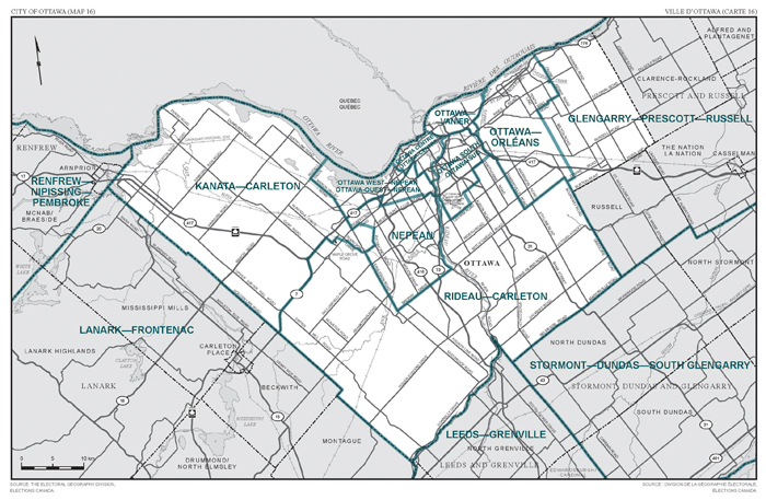 Carte 16 : Carte des limites et noms proposés pour les circonscriptions électorales de l'Ontario, Ottawa