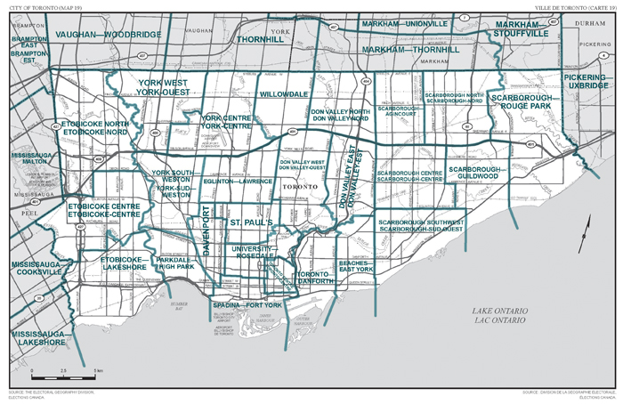 Carte 19 : Carte des limites et noms proposés pour les circonscriptions électorales de l'Ontario, Toronto
