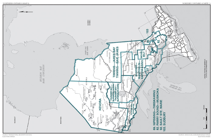 Carte 1 : Carte des limites et noms proposés pour les circonscriptions électorales de Nord de l'Ontario