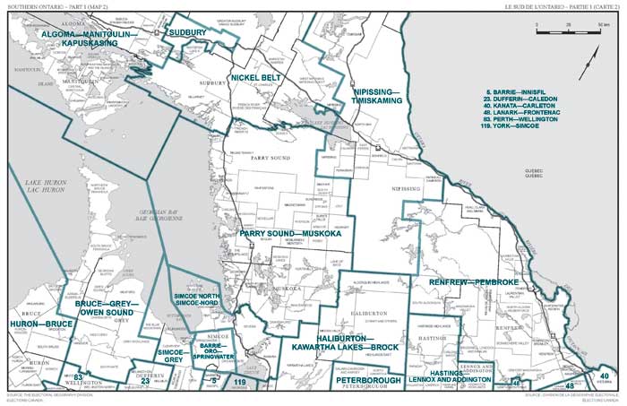 Carte 2 : Carte des limites et noms proposés pour les circonscriptions électorales de le Sud de l'Ontario, Partie 1