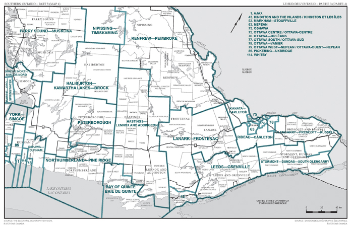 Carte 4 : Carte des limites et noms proposés pour les circonscriptions électorales de le Sud de l'Ontario, Partie 3