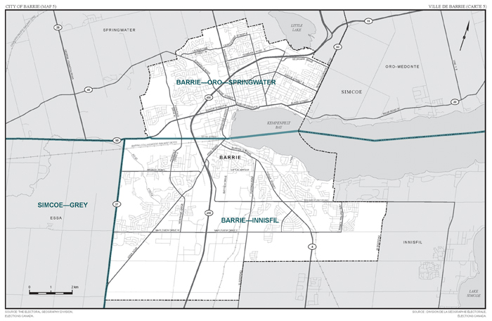 Carte 5 : Carte des limites et noms proposés pour les circonscriptions électorales de l'Ontario, Barrie