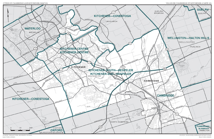 Carte 10 : Carte des limites et noms proposés pour les circonscriptions électorales de l'Ontario, Cambridge