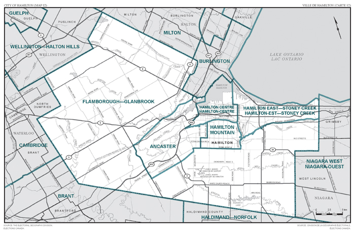 Carte 12 : Carte des limites et noms proposés pour les circonscriptions électorales de l'Ontario, Hamilton