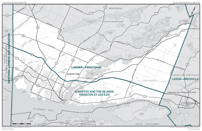 Carte 13 : Carte des limites et noms proposés pour les circonscriptions électorales de l'Ontario, Kingston