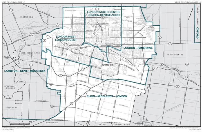 Carte 14 : Carte des limites et noms proposés pour les circonscriptions électorales de l'Ontario, London