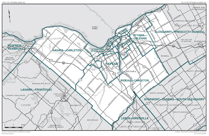 Carte 16 : Carte des limites et noms proposés pour les circonscriptions électorales de l'Ontario, Ottawa