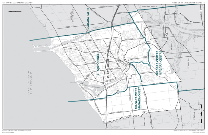 Carte 17 : Carte des limites et noms proposés pour les circonscriptions électorales de l'Ontario, Catharines