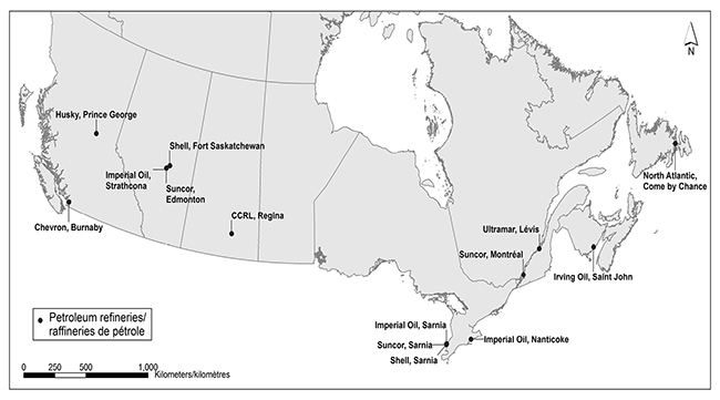 Cette figure montre les emplacements des raffineries canadiennes produisant de l’essence.