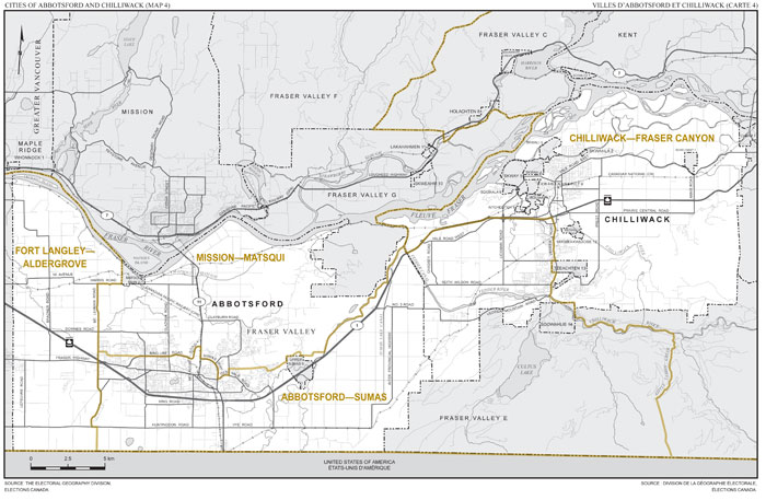 Map 4: Map of proposed boundaries and names for the electoral districts of the cities of Abbotsford and Chilliwack