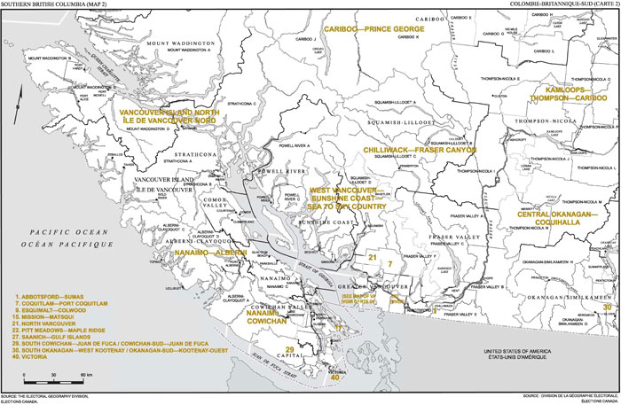 Map 2: Map of proposed boundaries and names for the electoral districts of Southern British Columbia