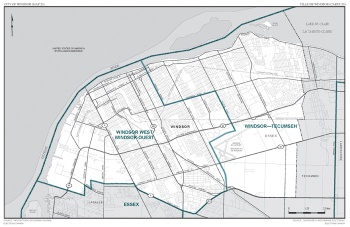 Map 20: Map of proposed boundaries and names for the electoral districts of Ontario, Windsor