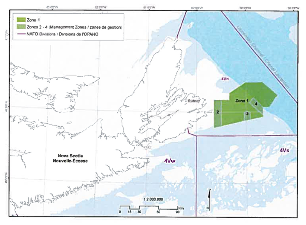 Carte indiquant une illustration de la zone de protection marine du banc de Sainte-Anne proposée, ses limites et ses zones de gestion