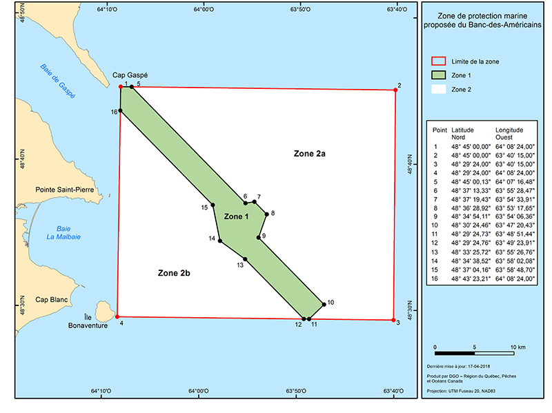 Figure : Carte montrant la limite et les zones de gestion de la zone de protection marine proposée du Banc-des-Américains
