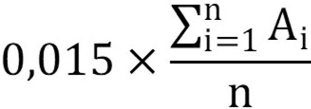 La multiplication de 0,015 par le quotient dont le numérateur est la somme de A pour chaque année de référence « i » et le dénominateur est n.