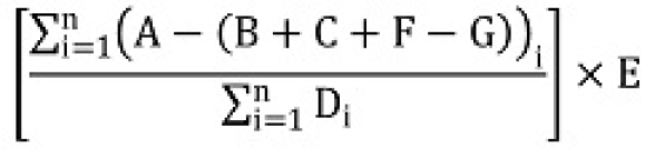 Le quotient dont le numérateur est la somme de la soustraction de A par le résultat de la somme B, C et F moins G pour chaque année de référence « i », et le dénominateur est la somme de Di pour chaque année de référence « i », et ensuite le quotient est multiplié par E.