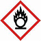 A red square, set on one of its points, outlined on a white background, symbolizing danger. It contains, inside its perimeter, the image of a black flame with, at its base, five little white flames. This image rests along the contour of the upper half of a black ring with a white centre, the bottom of which rests on a horizontal black line of the same width as the ring diameter. This pictogram is used to warn about the presence of an oxidizing hazard.