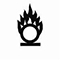 L’image d’une flamme noire avec, à sa base, cinq petites flammes blanches. Cette image repose sur le contour de la moitié supérieure d’un anneau noir au centre blanc, le bas de l’anneau reposant sur une ligne noire horizontale de la même largeur que le diamètre de l’anneau. Ce symbole sert à avertir de la présence d’un danger comburant