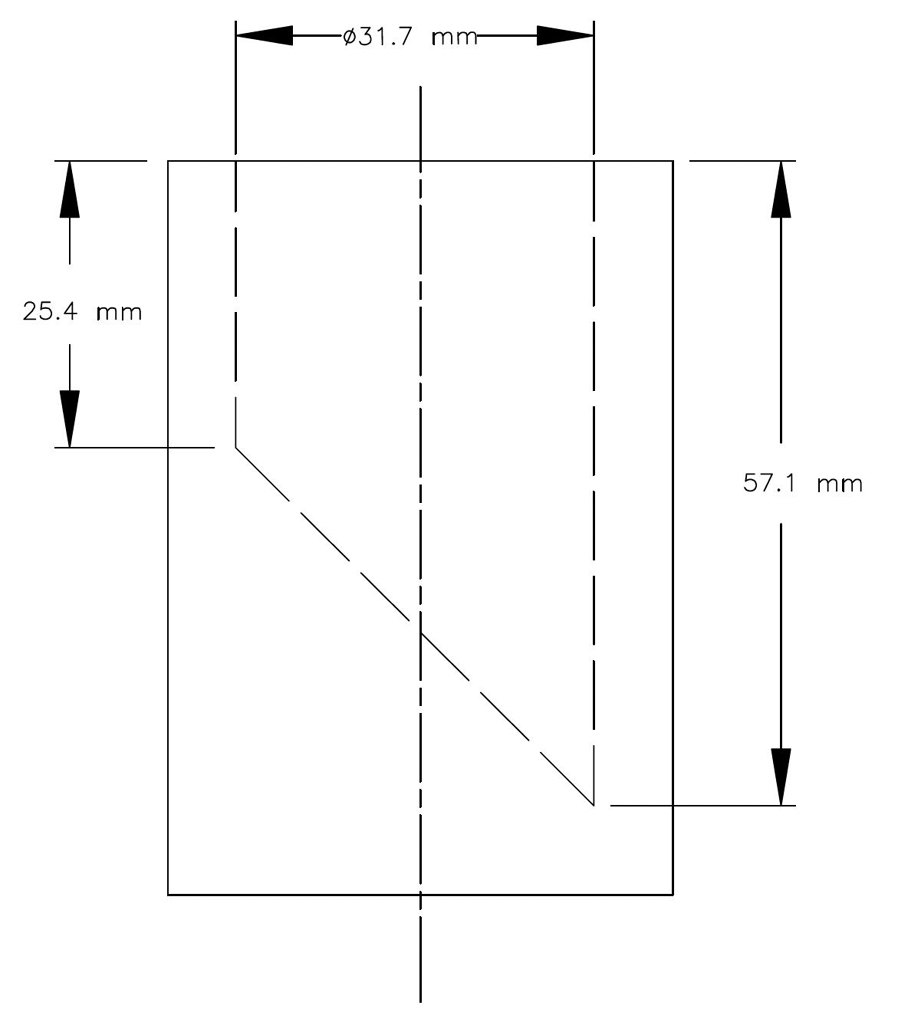 A sectional view of the small parts cylinder, which is a hollow cylinder with an inner diameter of 31.7 mm. The inner base of the cylinder is diagonal at a 45° angle so that the minimum depth of the cylinder is 25.4 mm and the maximum depth of the cylinder is 57.1 mm.