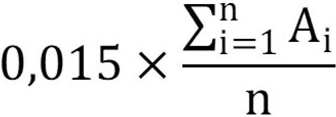 La multiplication de 0,015 par le quotient dont le numérateur est la somme de A pour chaque année de référence « i » et le dénominateur est n. – Version textuelle en dessous de l'image
