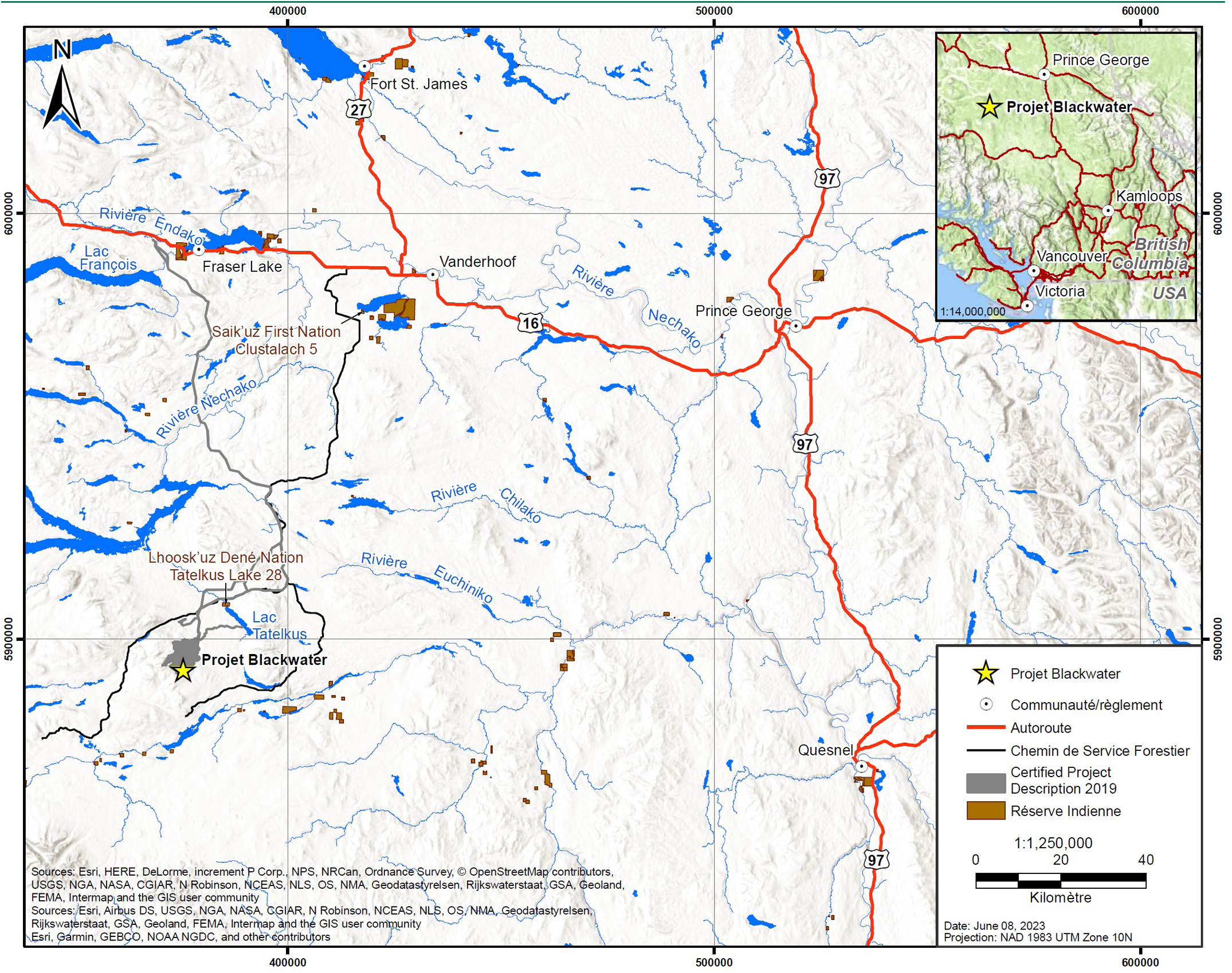 Carte à l’échelle 1/1 250 000 montrant l’emplacement général du projet de mine d’or Blackwater en Colombie-Britannique – Version textuelle en dessous de l'image