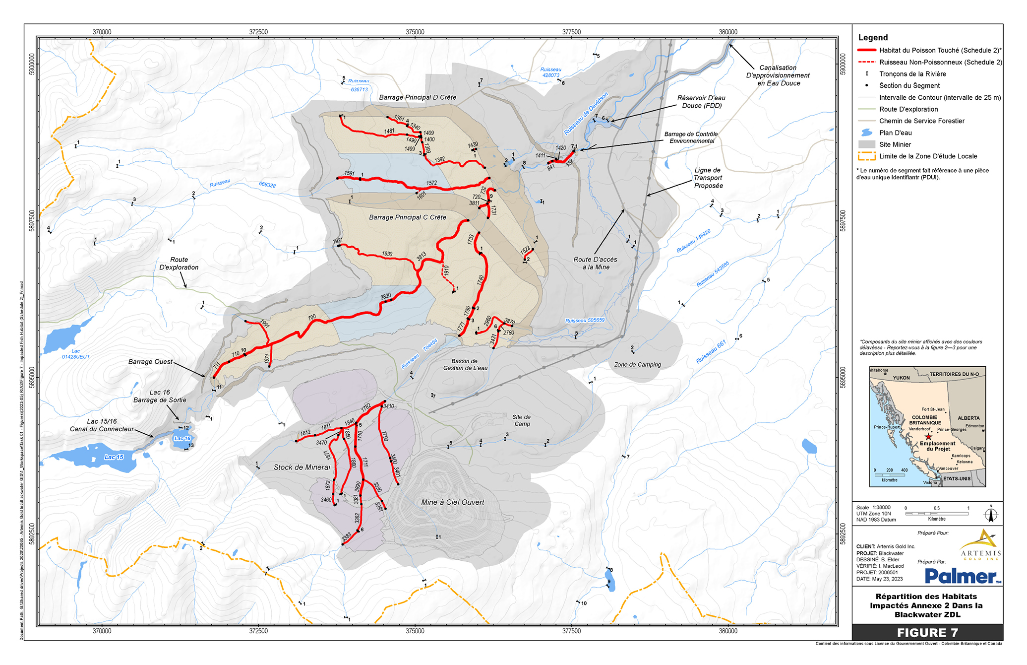 Carte à l’échelle 1/38 000 montrant l’emplacement des plans d’eau touchés sur le site minier, en Colombie-Britannique, à inscrire à l’annexe 2 du REMMMD – Version textuelle en dessous de l'image