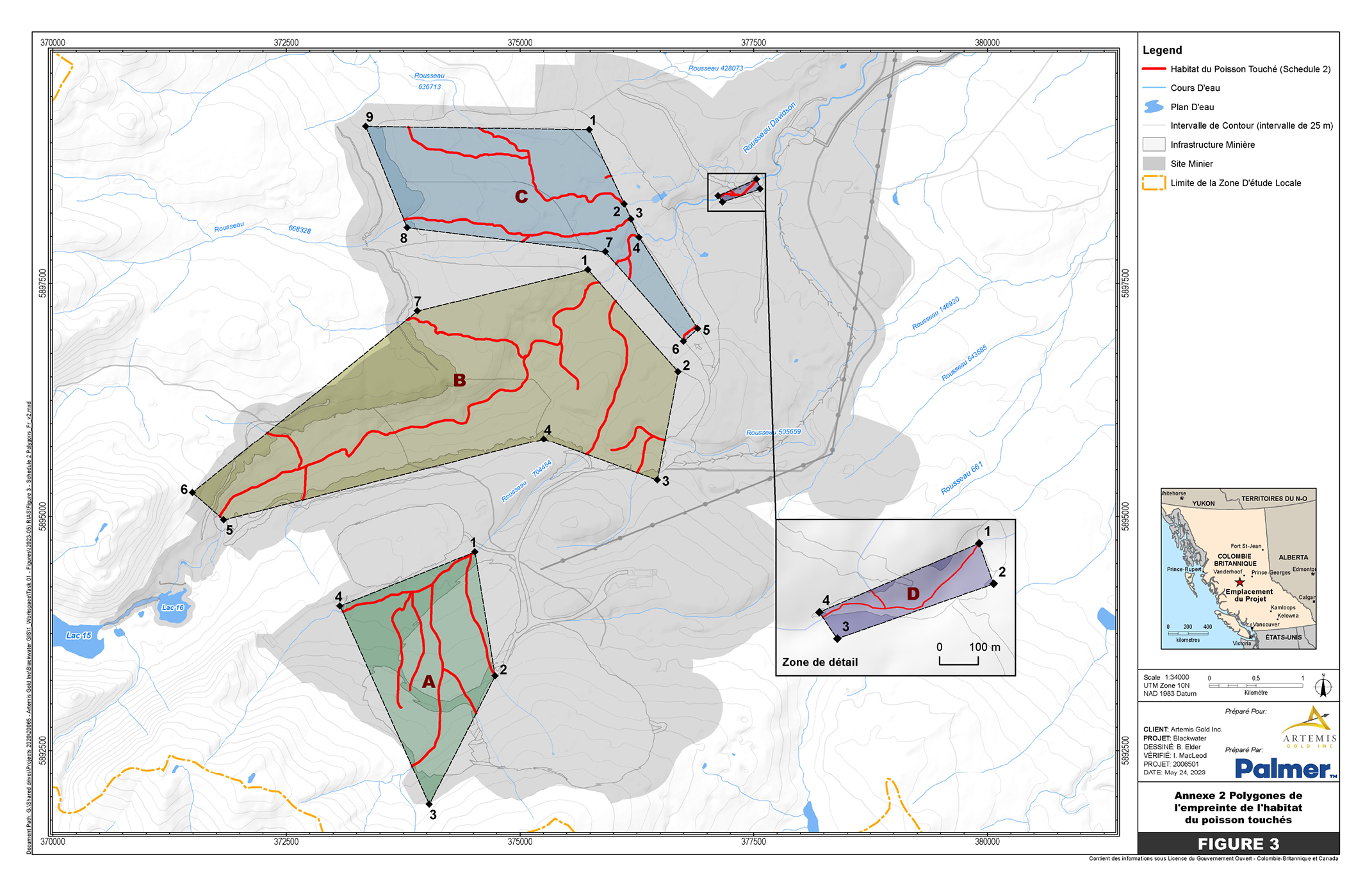 Carte à l’échelle 1/34 000 du site minier en Colombie-Britannique comprenant quatre régions géographiques précises englobant les plans d’eau touchés à inscrire à l’annexe 2 du REMMMD – Version textuelle en dessous de l'image