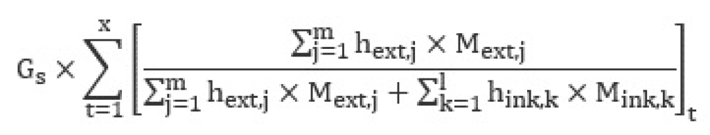 Gext est égal au produit de Gp par la somme, pour toutes les périodes de temps « t », du quotient dont le numérateur est la somme des produits de hext,j et Mext,j pour chaque flux calorifique « j » et le dénominateur est la somme des produits de hext,j et Mext,j pour chaque flux calorifique « j », additionné à la somme des produits de hint,k et Mint,k pour chaque flux calorifique « k ».