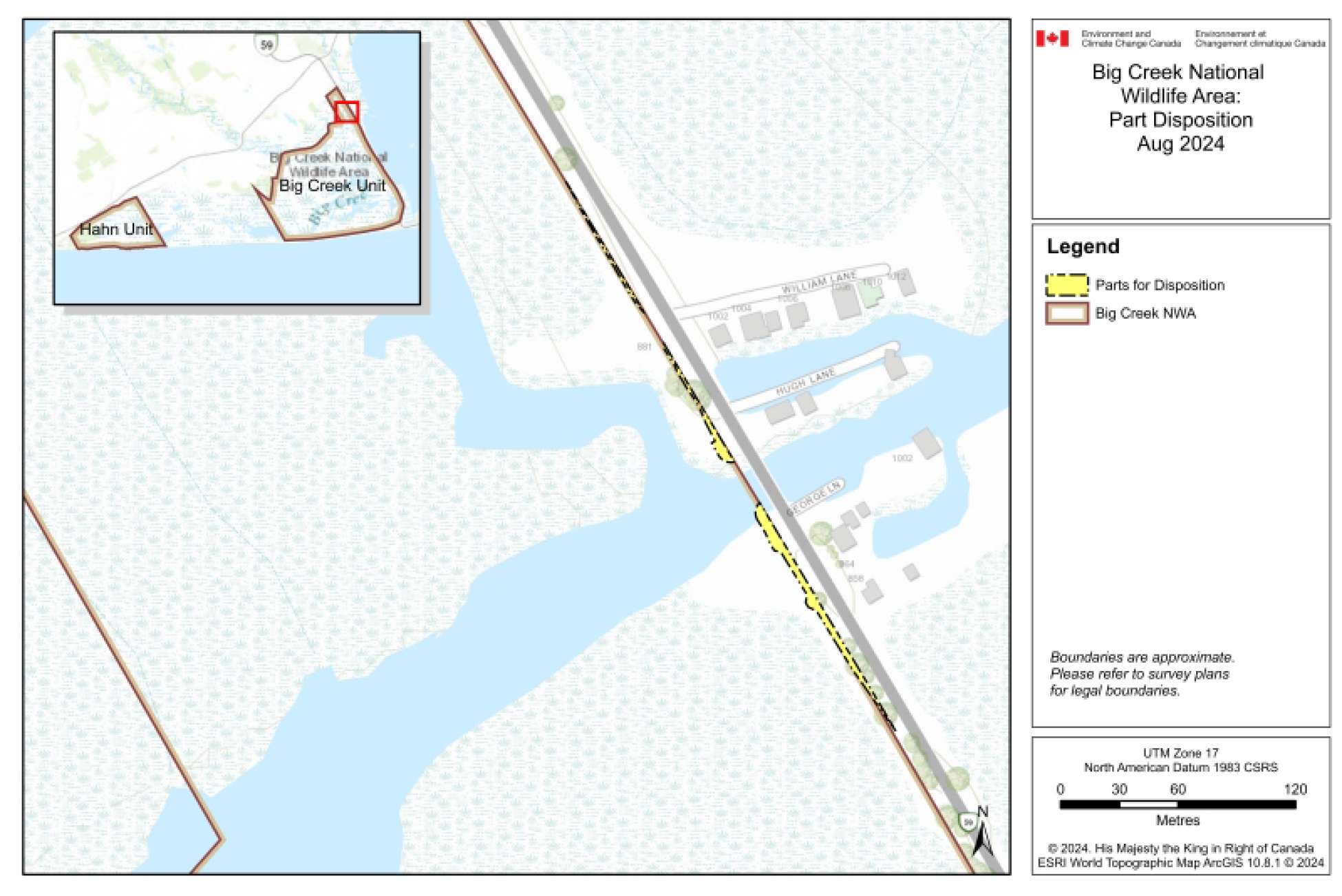 Figure 1: Approximate location of the encroached-upon Big Creek NWA lands to be delisted – Text version below the image